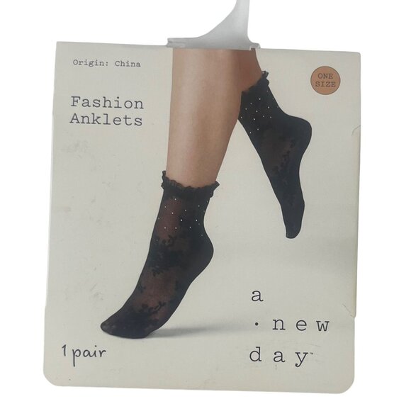 A New Day Fashion Anklets Socks Womens OS Black New Sheer Rhinestones Lace - Picture 3 of 4